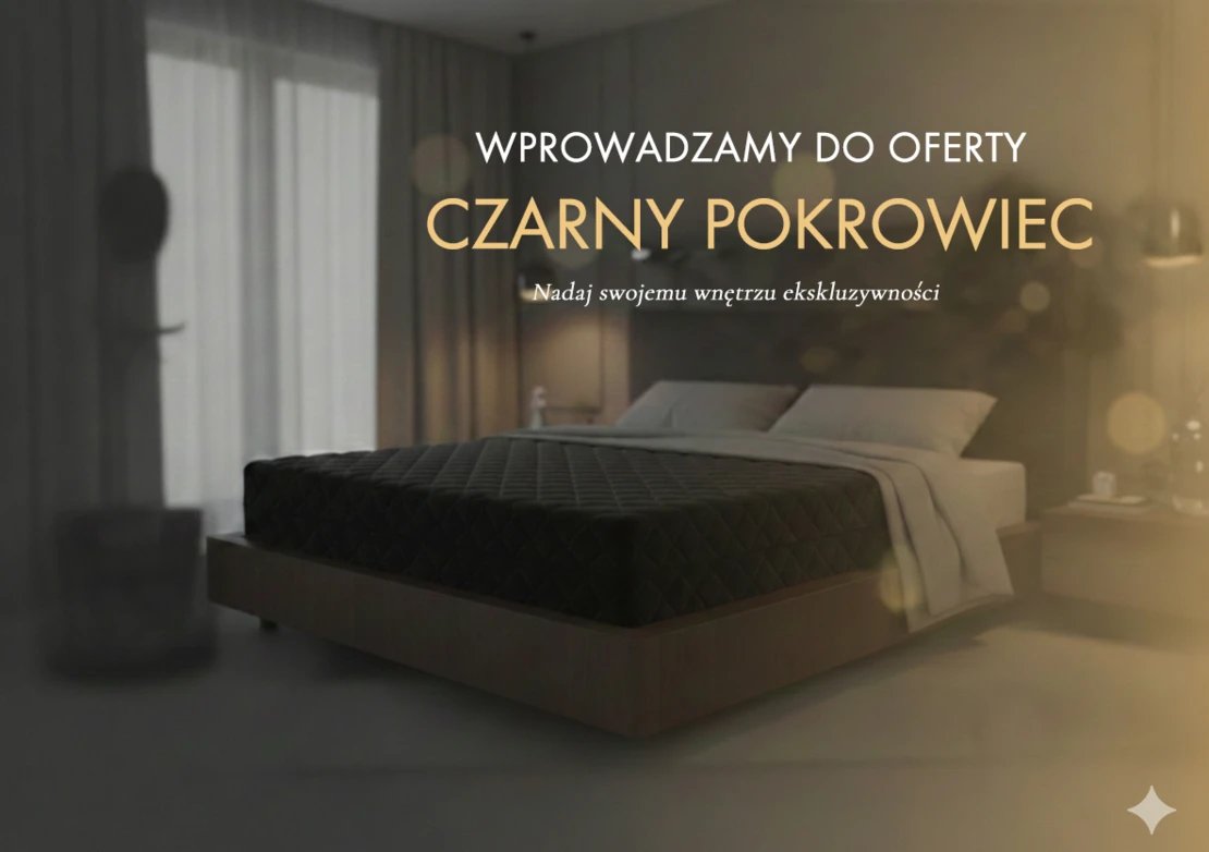 Czarne materac na łóżku w elegancko oświetlonej sypialni z beżowymi zasłonami