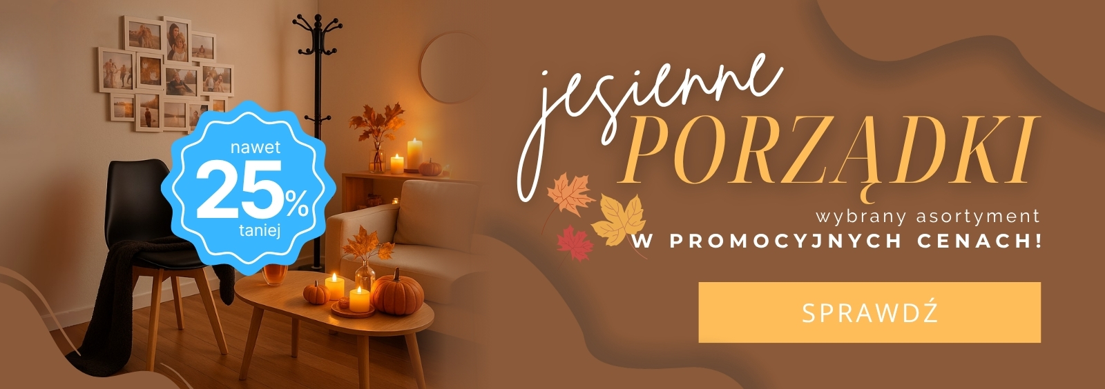 Jesienny wystrój wnętrza z meblami, dyniami, świecami i liśćmi, promocja 25% taniej na artykuły do domu