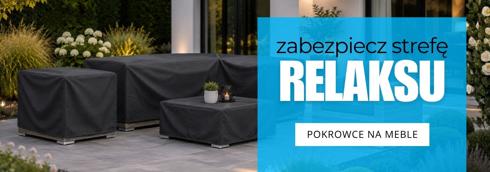 Czarne pokrowce na meble ogrodowe chroniące fotel i sofę na tarasie, zabezpieczenie przed warunkami atmosferycznymi