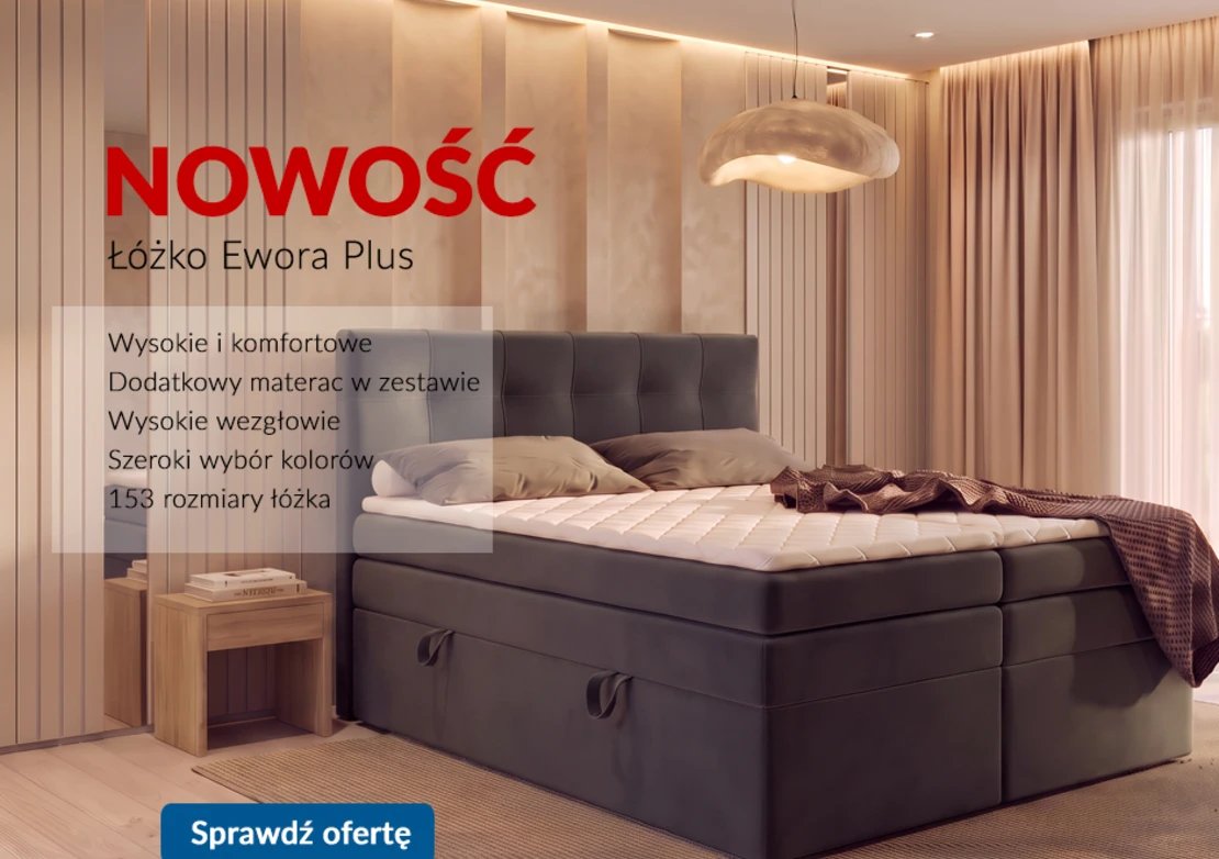 Łóżko Ewora Plus z szarym zagłówkiem, białą pościelą i brązowym kocem na jasnym parkiecie
