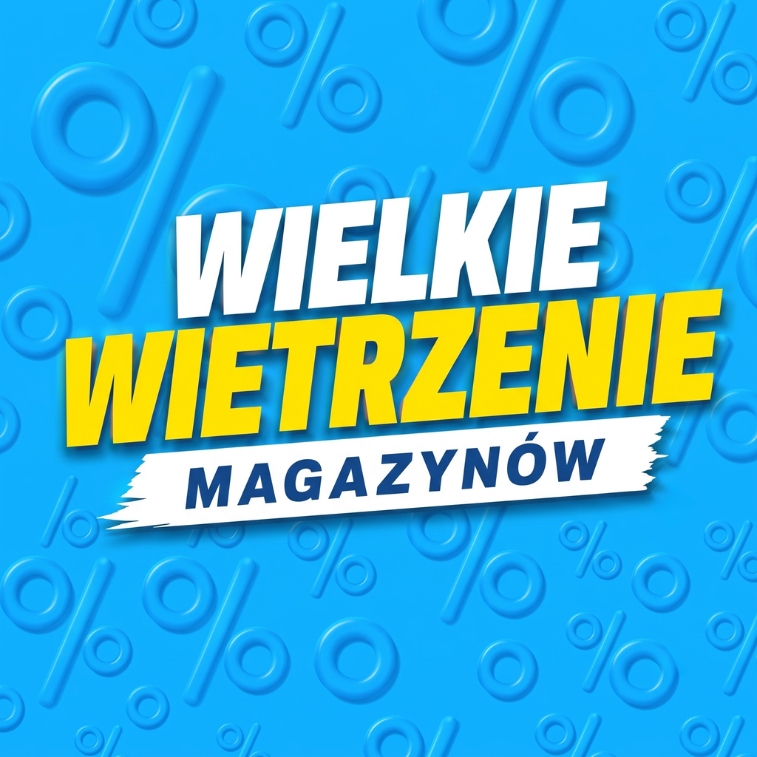 Niebieskie tło z napisem Wielkie Wietrzenie Magazynów i symbolami procentów
