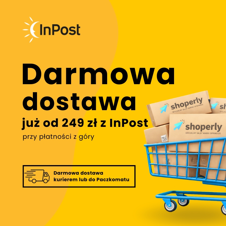 Żółty baner InPost promocji darmowej dostawy od 249 zł z koszykiem i paczkami