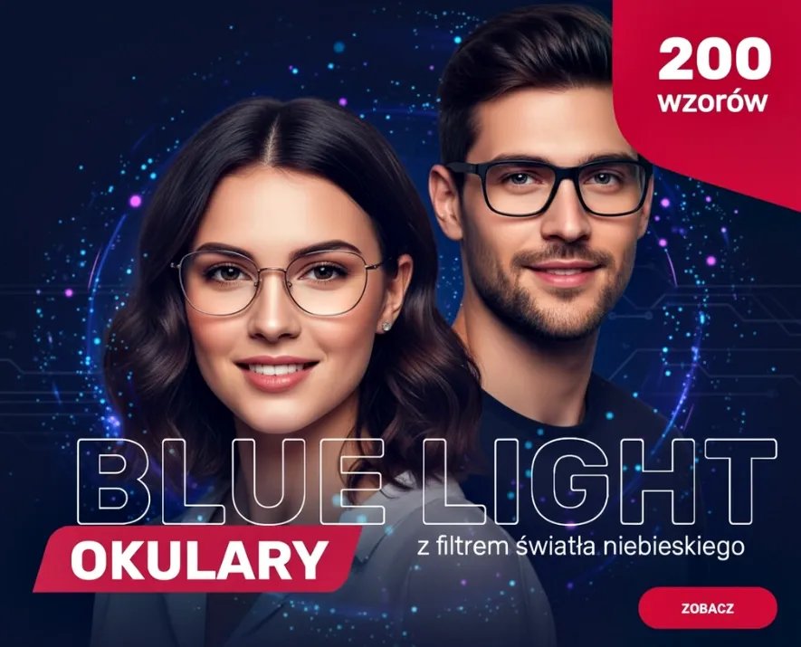 Dwoje młodych ludzi w okularach na tle niebieskich świateł z napisem Blue Light Okulary