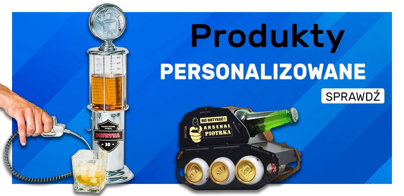 Szklany dozownik do alkoholu i zestaw prezentowy na niebieskim tle z napisem Produkty PERSONALIZOWANE SPRAWDŹ